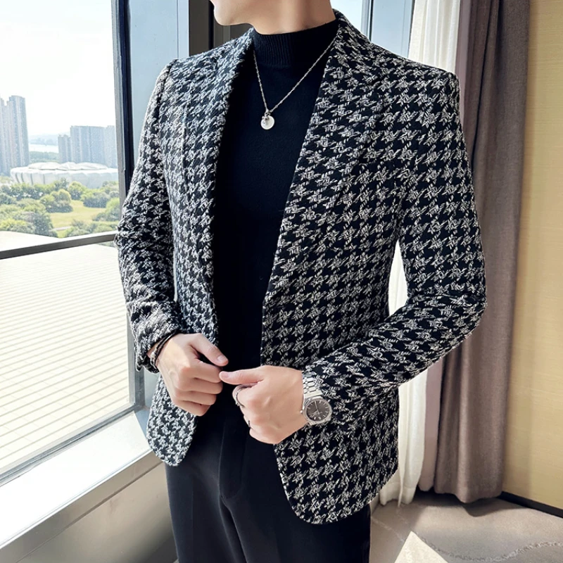 2023 Autumn Winter Plaid Men Blazers Thickened Casual Business Suits Jackets Single Buckle Wedding Groom Streetwear Social Coat