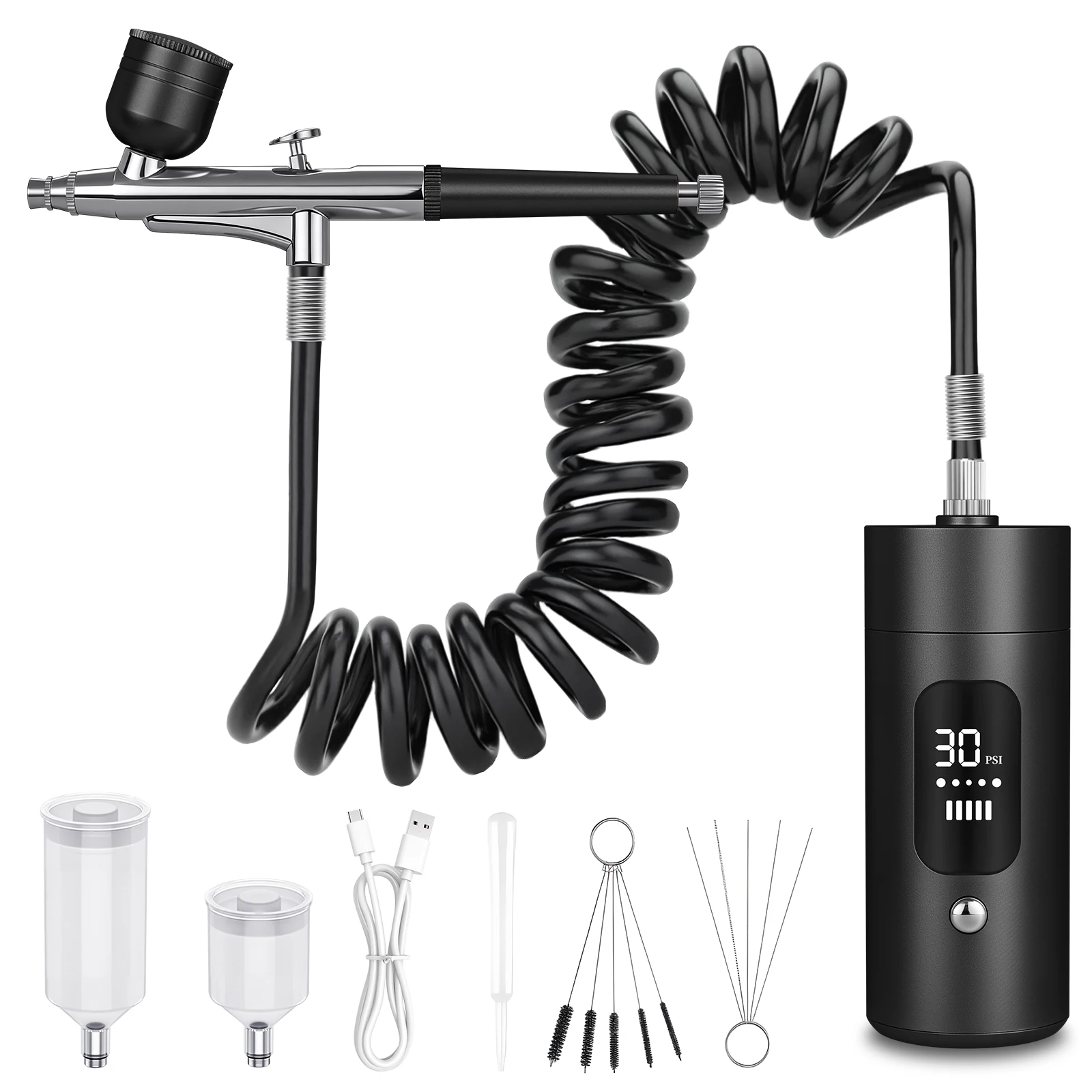 Ensemble De Pistolet De Manucure : 30 PSI LCD Écran Pistolet Kit Avec Compresseur Machine De Pistolet à Ongles Rechargeable Avec
