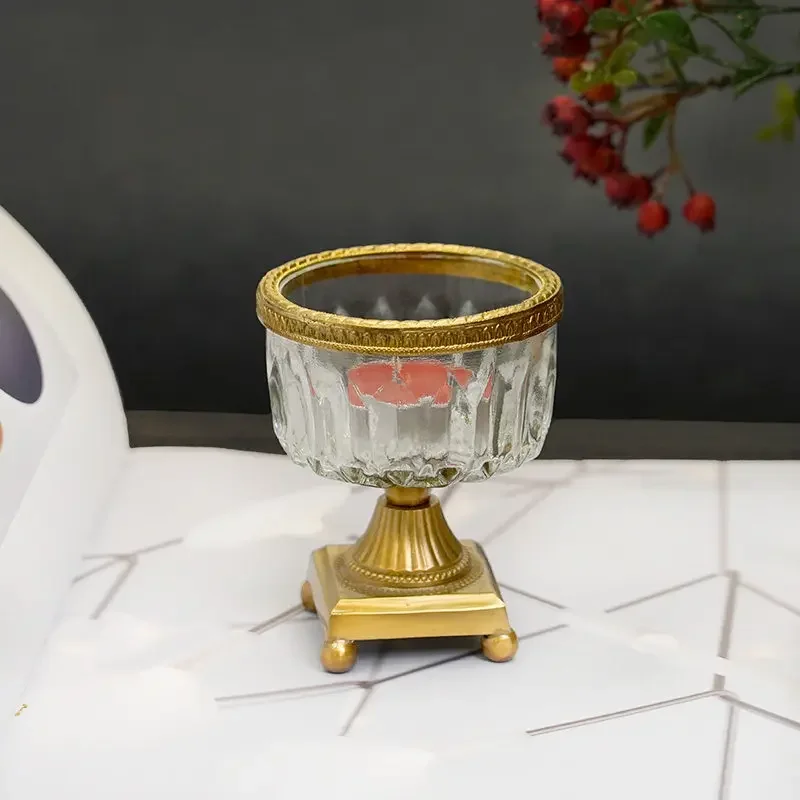 imported brass with glass light luxury tall candle cup ornament, small fruit bowl decoration, small storage cup ornamen