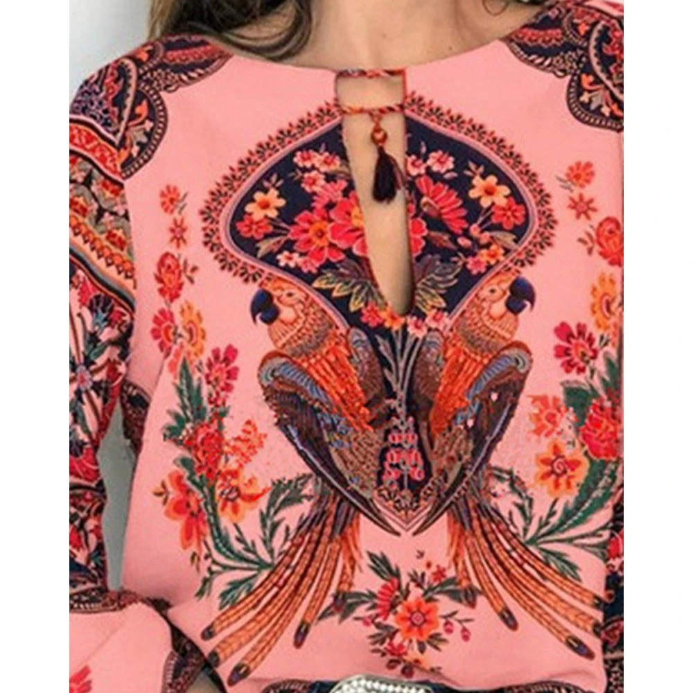 Women Floral Ethnic Print Tassel Design Top V Cutout Lantern Sleeve Blouse Spring Fashion Summer Femme Casual Shirts Streetwear