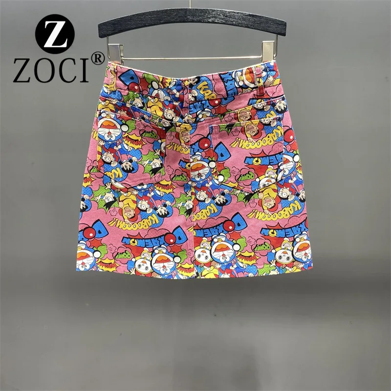 [ZOCI] Summer 2024 New Cute Pink Cartoon Printed Short Skirt Women High Waist A-line Shape, Slim Hip Hugging