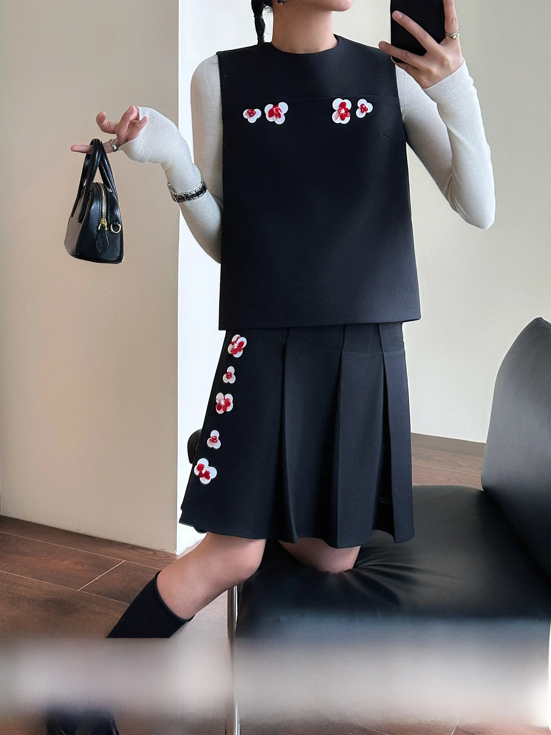 

Комплект Tasyavan: 3D-топ с бисерными цветами и плиссированная юбка с широкими складками, женский модный осенний наряд