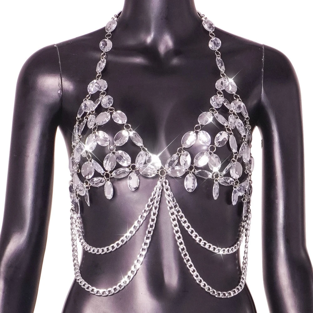 White Rhinestone Beaded Hollow Out Bra Chain Halter Vest Tank Tops T Show Model Costume Outfit Summer Beach Party Body Jewelry