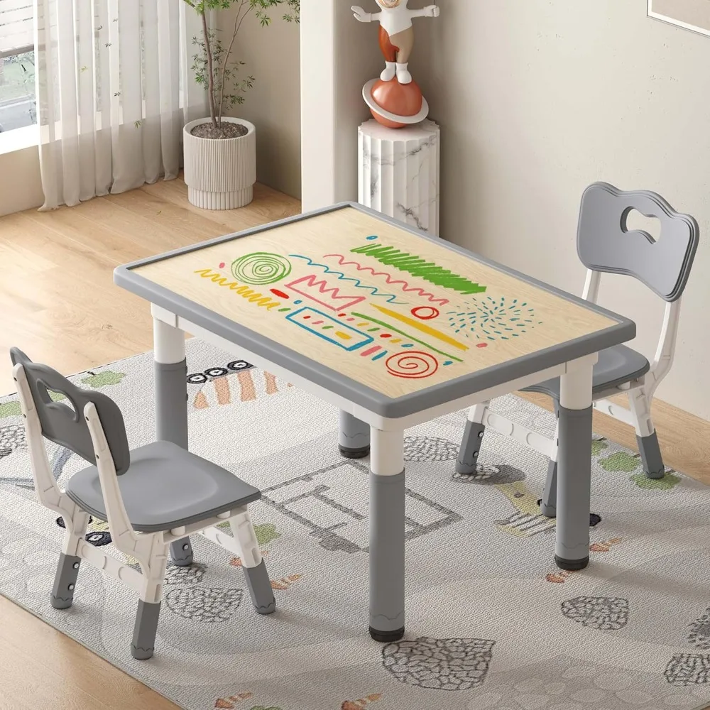 

Kids Table and Chairs Height Adjustable, Toddler Table and Chairs, 31.5''L x 23.6''W Graffiti Table with 2 Chairs, for Reading