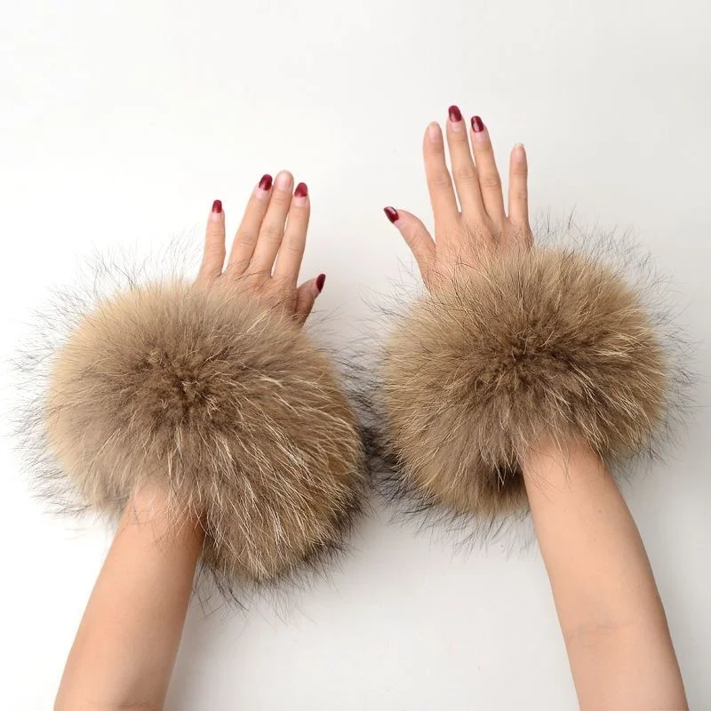 High Quality Winter Real Racoon Fur Cuffs Wrist Warmer Coat Sleeve Decorate Genuine Fur Cuff Arm Bracelet Fur Wristband Glove