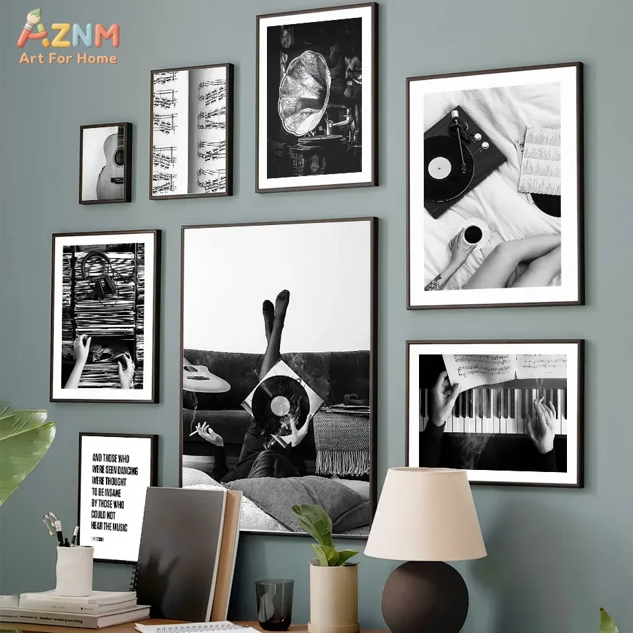 AZNM Black White Music Canvas Wall Art Vintage Vinyl Record Piano Guitar Gramophone Photo Poster Music Room Unframed Painting
