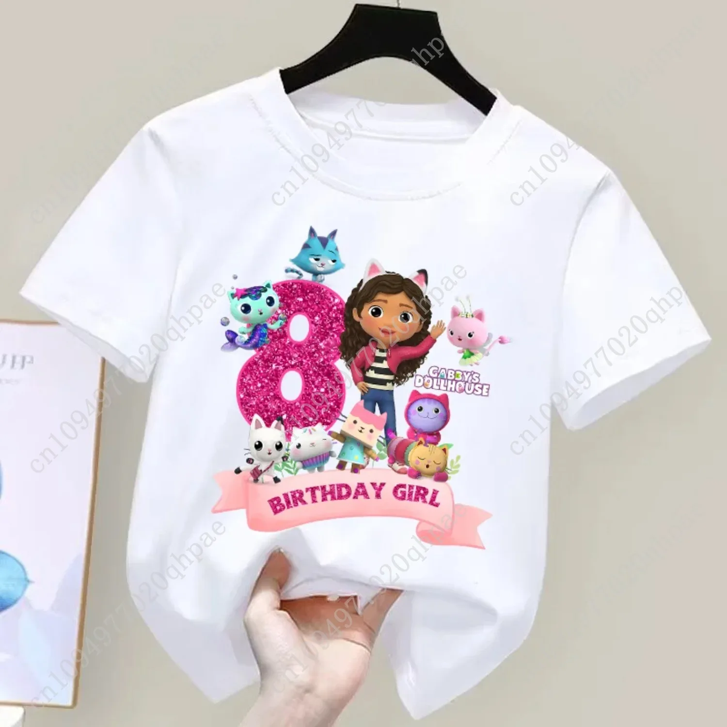 Gabbys maisons de poupée número de aniversário camiseta filles blanc rose à manches courtes camisetas hauts coton été casual