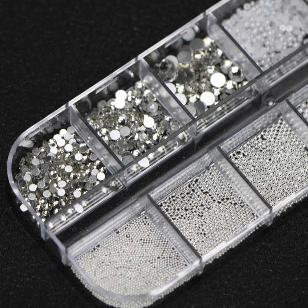 12-Gitter-Mix-Set mit Mini-Nagelperlen und Strasssteinen, 3D-Luxus-Silber-Kaviar-Mikroperlen & klaren Edelsteinen & Perlen-Nagelcharms, DIY-Schmuckteile – Detail 7
