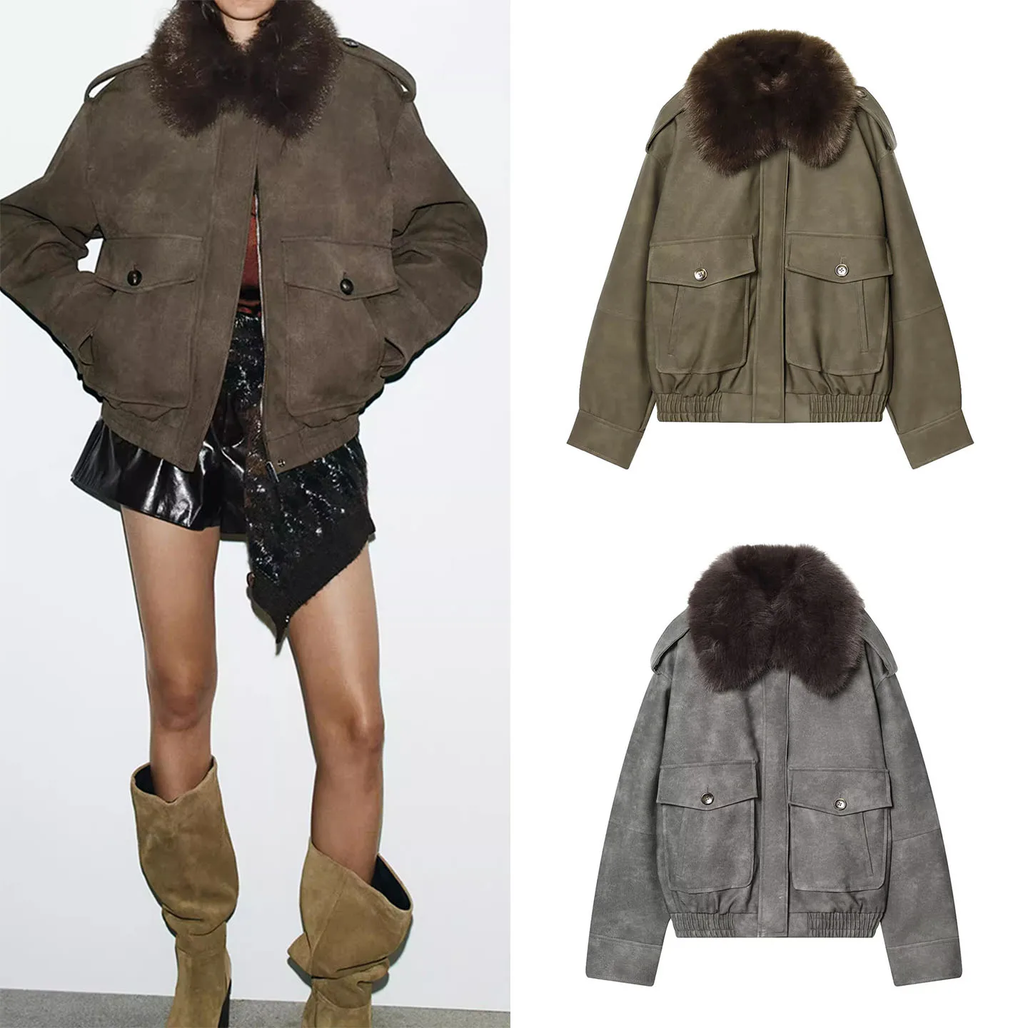 

Women's Jaet Autumn 2025 Removable Collar Faux Suede Effect Long Sve Zipper Closure Regular Fit Leather Coat