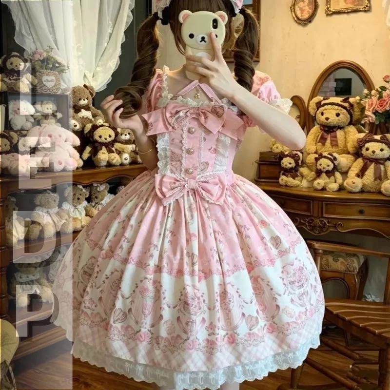 IMU Japanese Kawaii Lolita OP Dress Women Cute Bow Lace Ruffles Pink Cartoon Print Cake Dresses Girls Sweet Y2k Tea Party Mini D