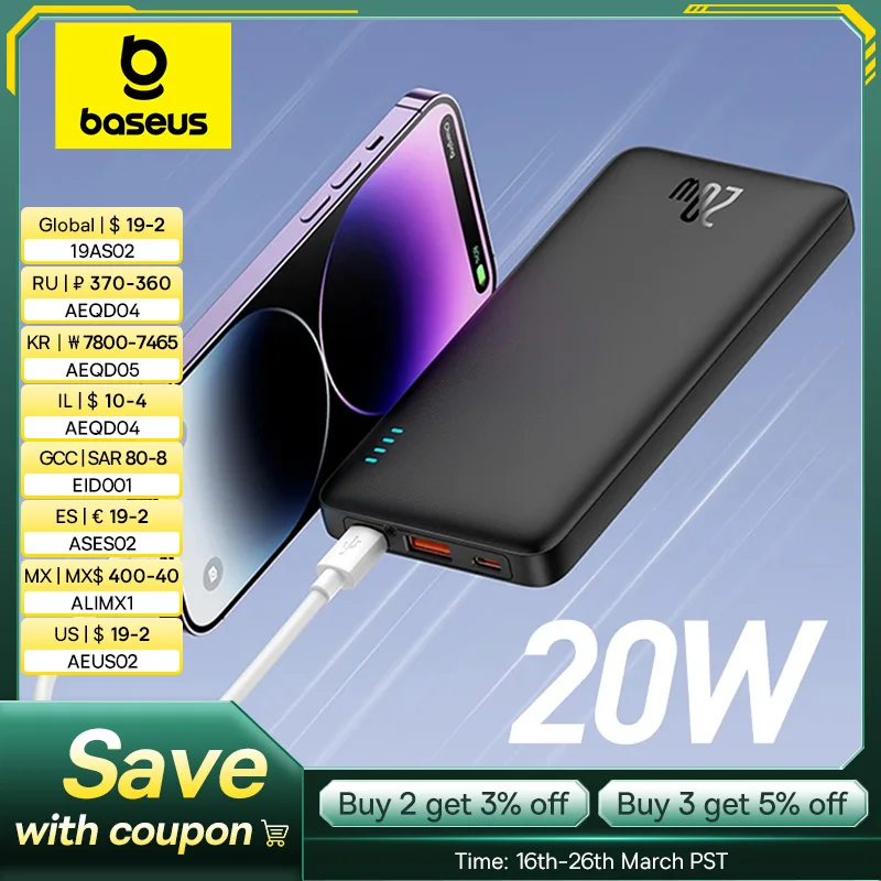 Baseus Airpow 20W Power Bank 10000mAh 20000mAh Fast Charge Powerbank for iPhone 16/15/14/13/12 Xiaomi batterie externe