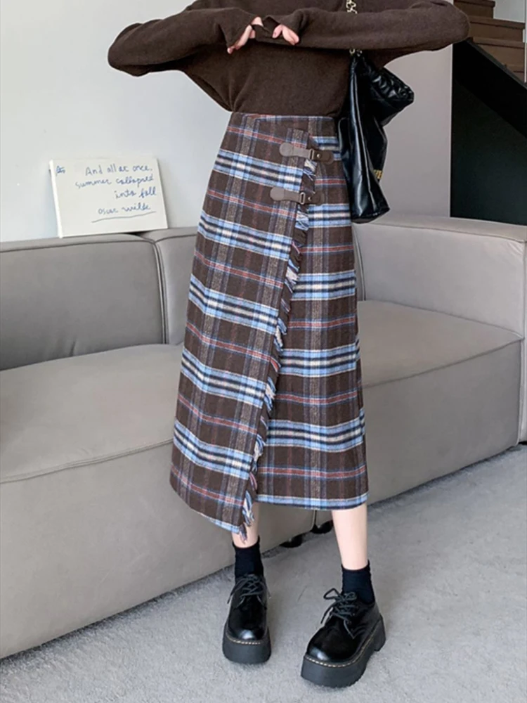 

Vintage Woolen Plaid Skirts Women Ripped Midi Skirt Female HighWaist Irregular Color Contrast Khaki Skirts Streetwear