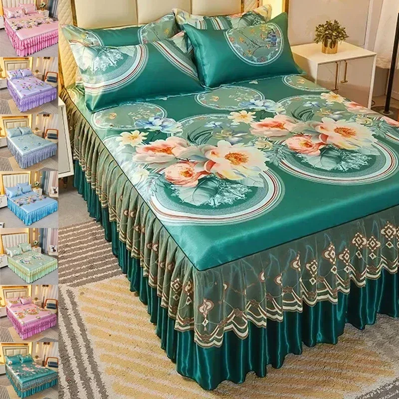 Conjunto de tres piezas de falda de cama de Color sólido de encaje versión coreana, funda de cama de doble capa respetuosa con la piel, funda de cama antideslizante, falda de cama