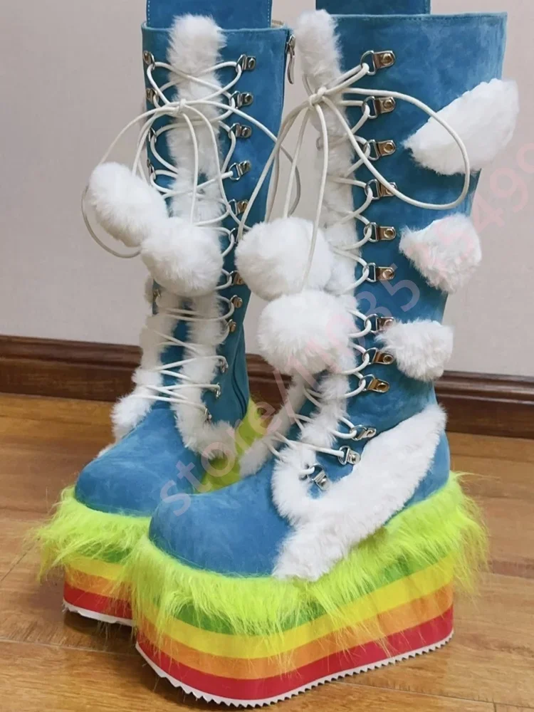 

Winter Rainbow Platform Plush Snow Boots for Girls Sweet Party Wedge Stage Fashion Mixed Color Casual Lace-Up Long Boots
