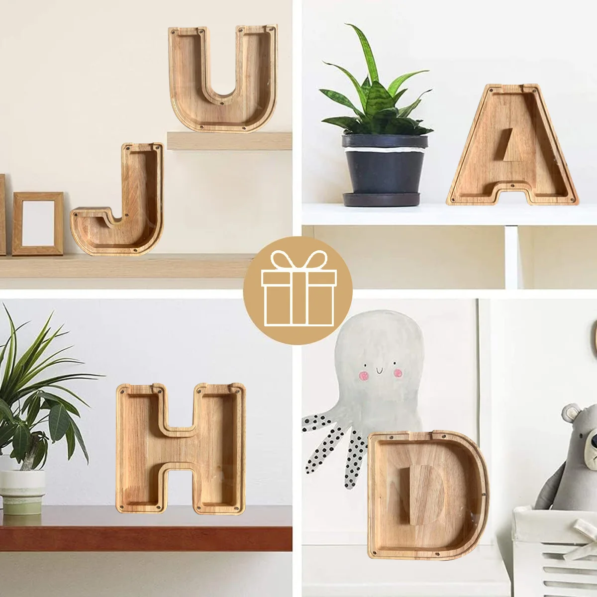 Leeseph حصالة على شكل حرف كبير للأطفال الأولاد والبنات خشبية مخصصة على شكل حيوان A-Z لتزيين الهدايا وعيد الميلاد والمعمودية