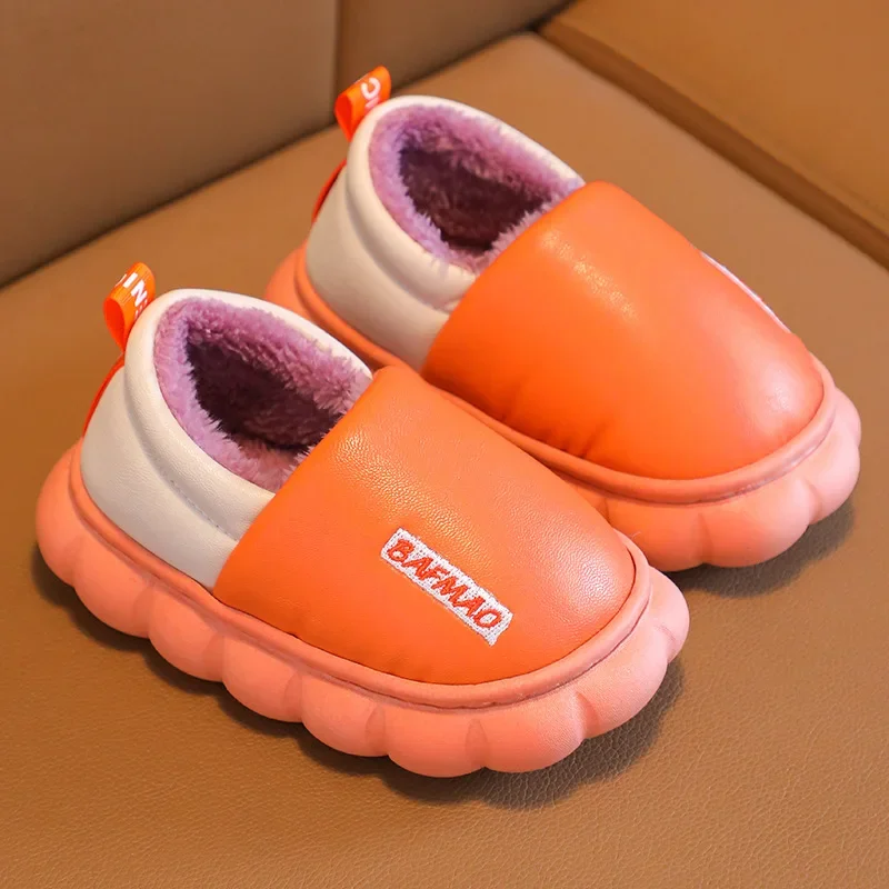 Children's Cotton Shoes Winter Plush and Thickened PU Leather Cotton Slippers Waterproof and Anti Slip Children's Cotton Shoes