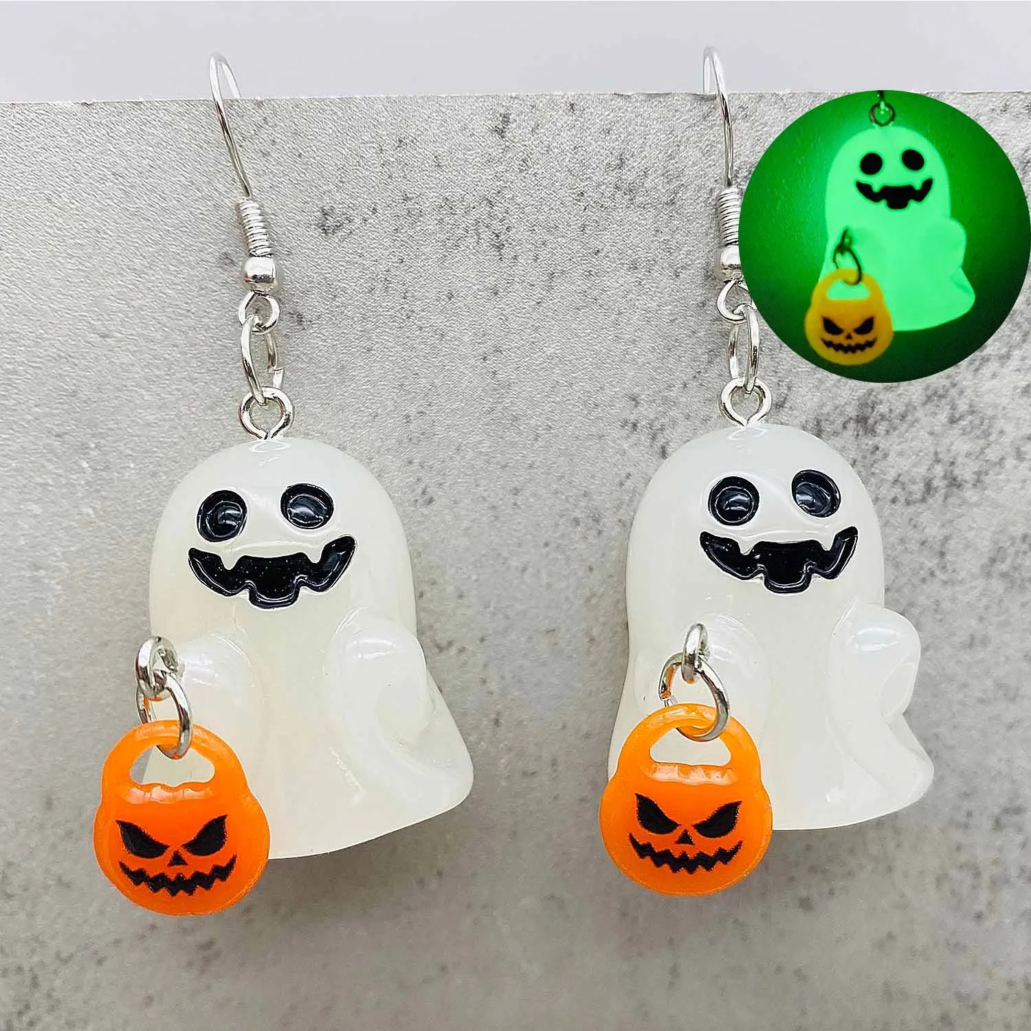 3D Luminous Bloodstains Pumpkin Ghost Halloween Necklace White Luminous Ghost Spirit Pumpkin Corn Candy Pendant Earrings