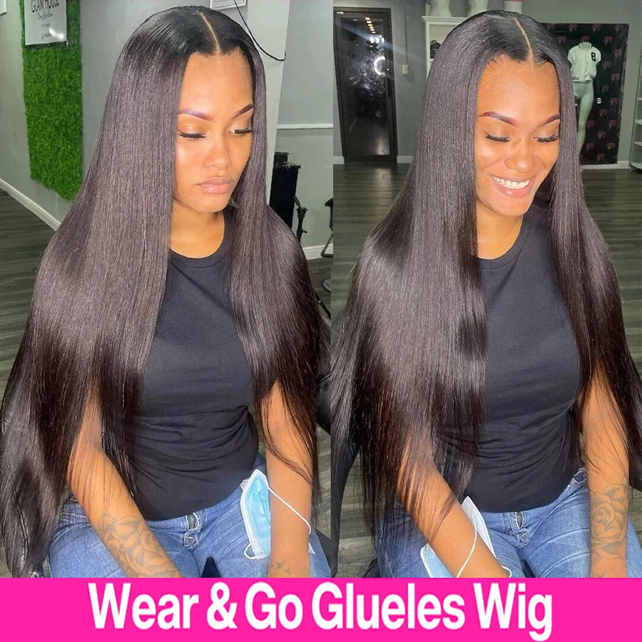 

Wear And Go Human Hair Wigs Pre Cut Lace Glueless Wig Straight HD Transparent 4x4 Lace Closure Wig for Women Pre Plucked Natural