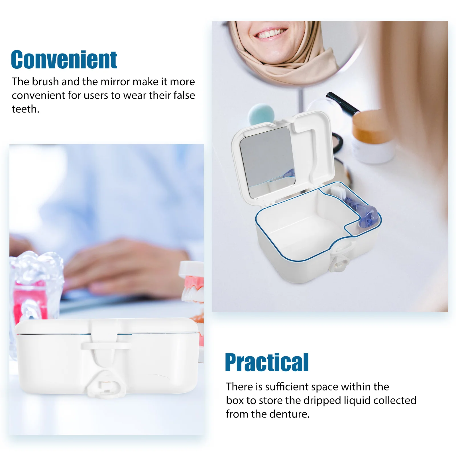 

Denture Box Premium Plastic Glass Storage Case Mirror Brush Locking Lid Travel False Teeth Storage Bath Container Elderly Gift