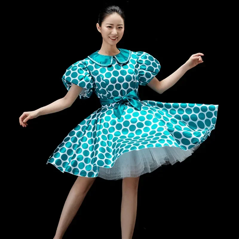 Opening Dance Costume Dot Bubble Mini Dress Women Dancer Team Performance Stage Wear Pink Blue