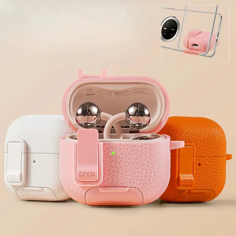 Applicable for Huawei Clip2 Earphone Case Plain Leather Pattern All-inclusive Boys Light Luxury Protective Case with Bracket