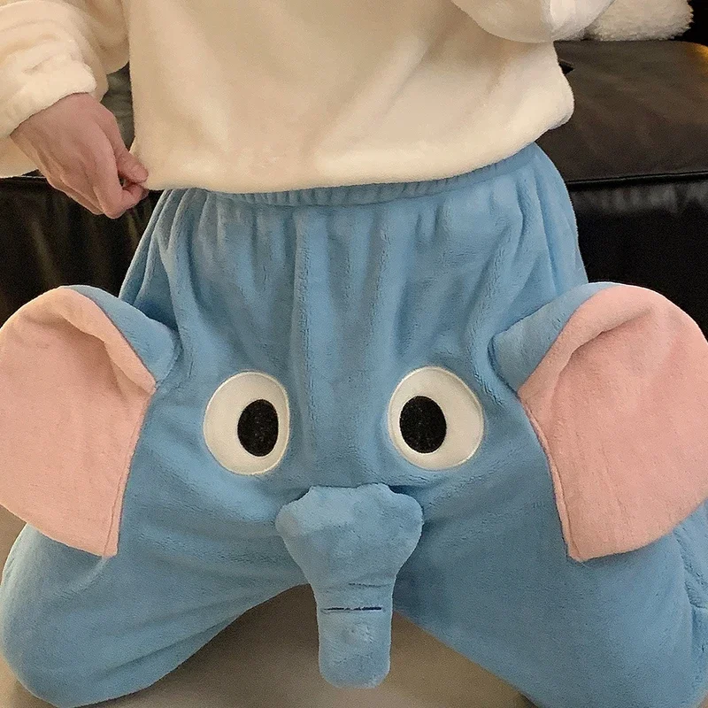 Elephant Pajamas Flannel Sleepwear Pants With Big Nose And Ears Cute Animal Coral velvet Trousers Couple Homewear For Winter new