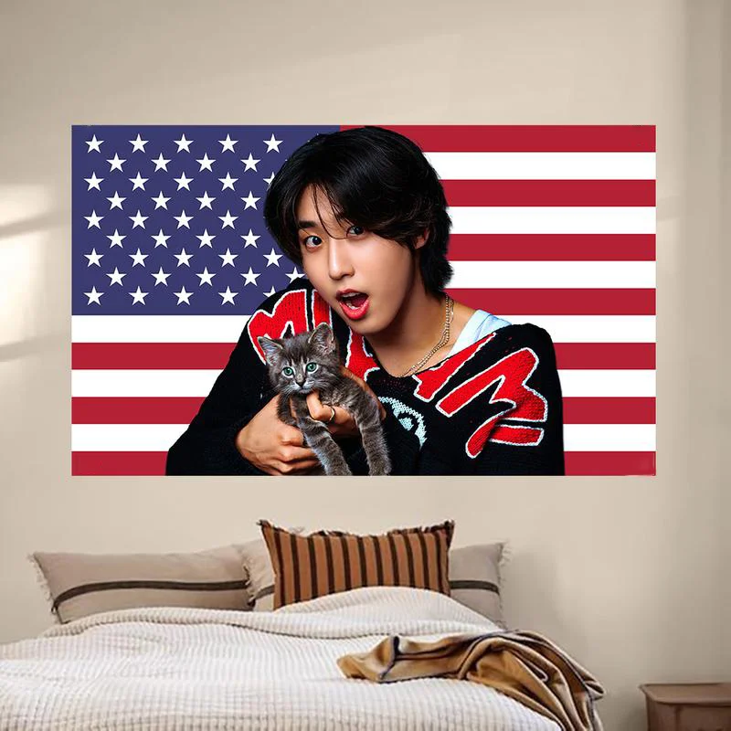Han with Kitten American Flag Kpop Tapestry Double Stitched Room Dorm Wall Decor