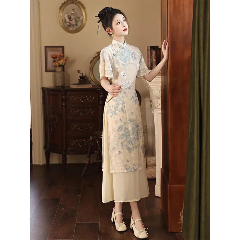 

Женское улучшенное платье Ao Dai, длинное платье Cheongsams, элегантное шифоновое платье с цветочным принтом Qipao, женское повседневное вечернее платье, китайское платье