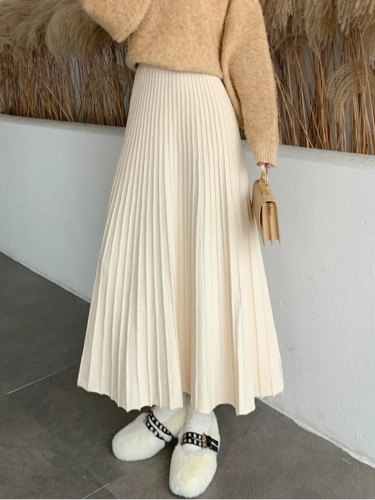 

New Autumn Winter Thickened Knitted Mid-Length Skirt Women's High Waist A-line Large Swing Skirt For Women Soft Long Skirt