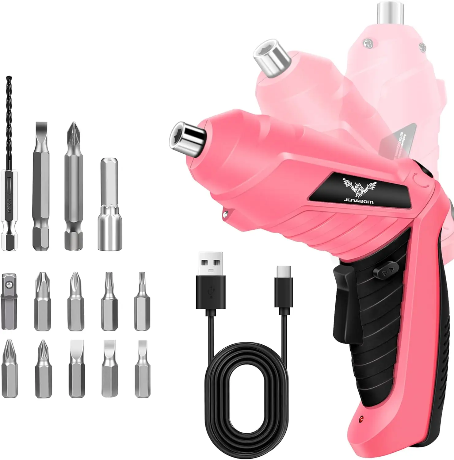 

JENABOM Cordless Electric Screwdriver Set 3.6V Rechargeable Small Power Drill, 3Nm Screw Gun with 2 Position Handle, LED Light, 14 in 1 Driver Bit Set, Pink & Black