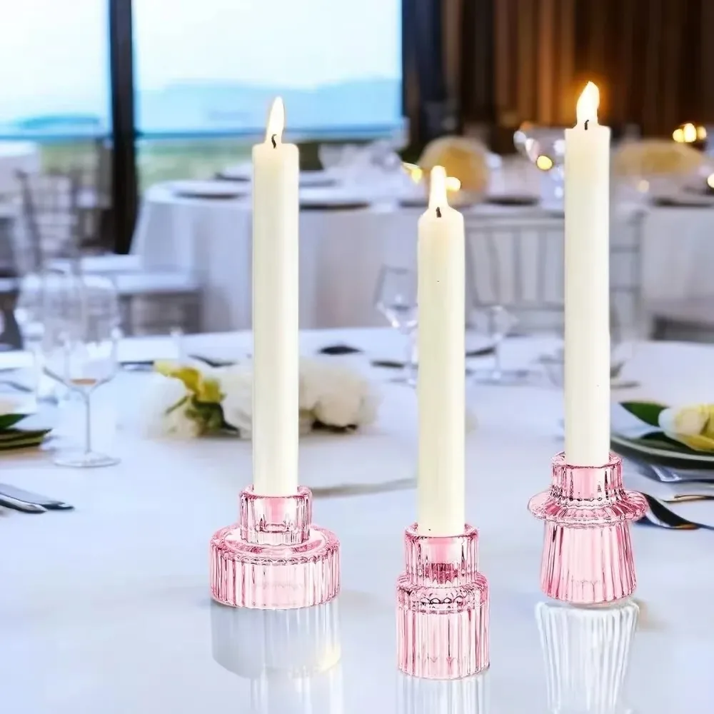 

3PCS/set Romantic Glass Candlestick Double Head Colorful Candle Holder Dining Table Tealight Home Decor