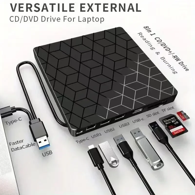 7-in-1 USB 3.0 Type-C 외장 CD/DVD 드라이브 버너 리더 플레이어 광학 드라이브 DVD 플레이어 CD 버너 (컴퓨터, 노트북, 데스크탑용)