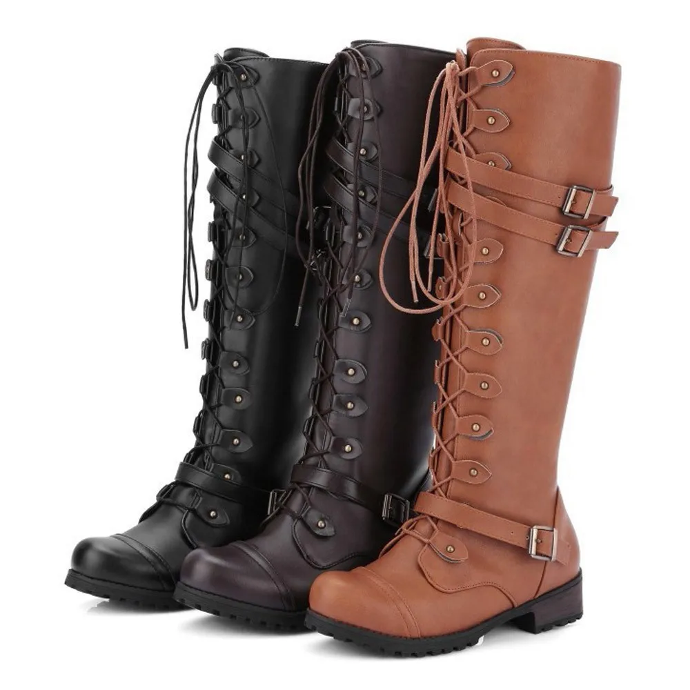 Women Knee high Boots Autumn Winter Lace Up Flat Shoes Sexy Steampunk PU Retro Buckle Medieval shoes Ladies Snow Boots