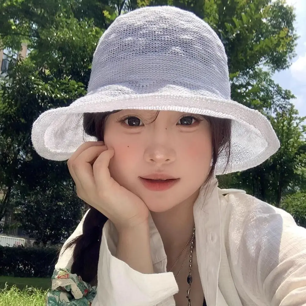 

Fashion Korean Knitted Bucket Hat Thin Breathable Fisherman Hat Sunscreen Cotton Yarn Basin Cap Women