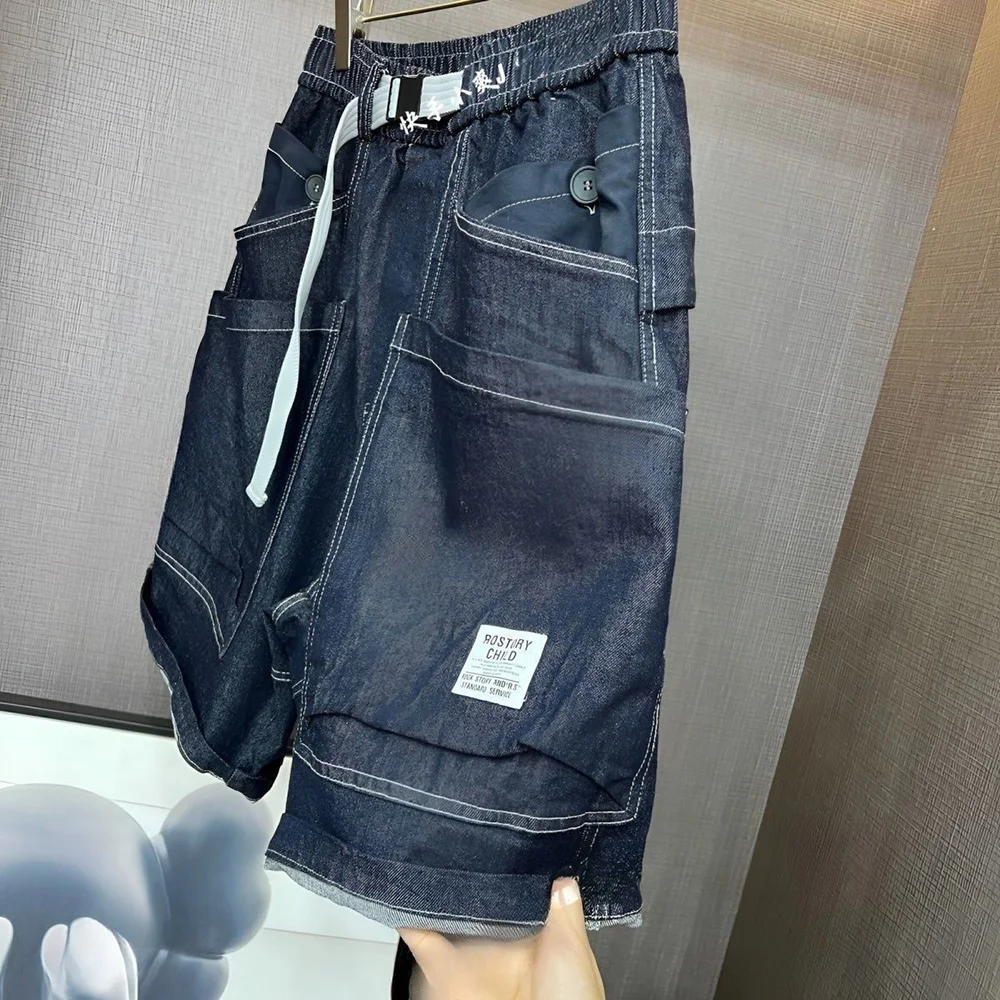 Summer Thin Large Pocket Workwear Denim Shorts Fashion Buckle Belt Trendy All-Match Loose Harem Y2k Shorts Mens Clothing