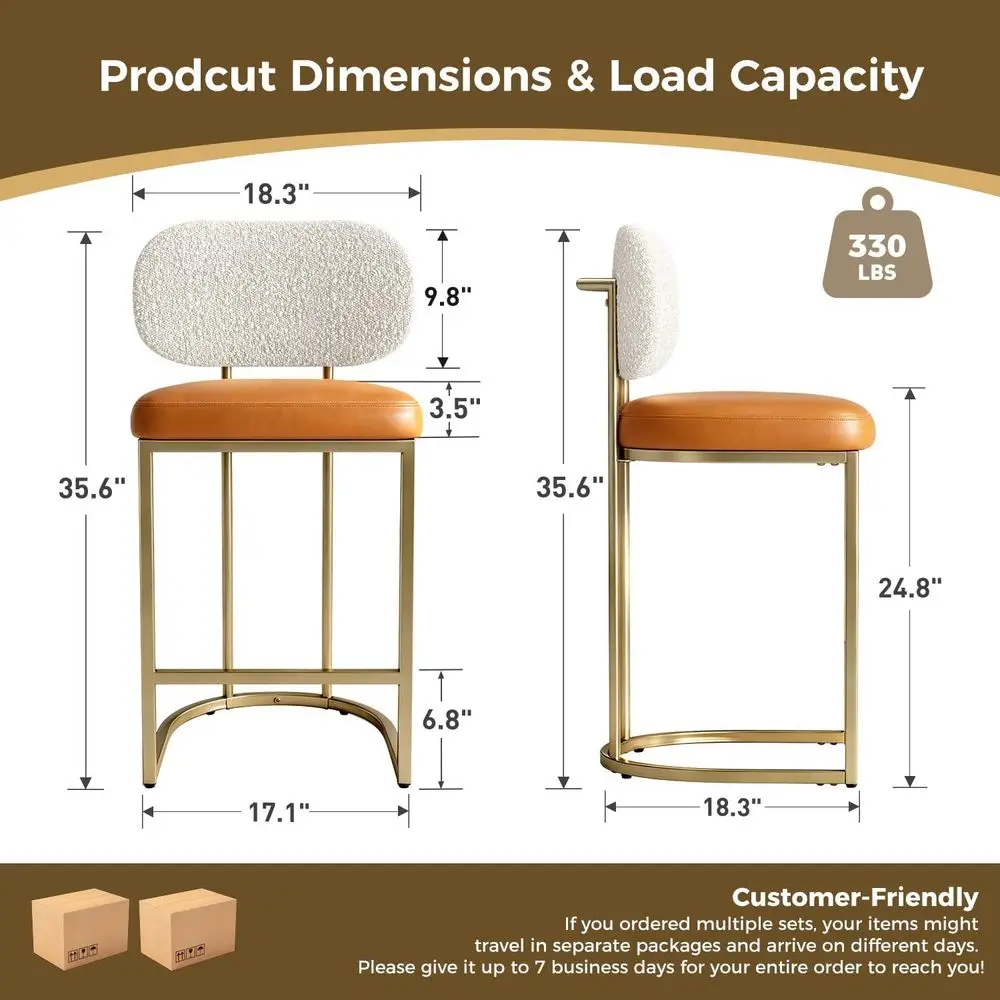 Set of 3 Brown Counter Height Bar Stools, 24.8 Seat with Bouclé Back and Gold Legs - view 2