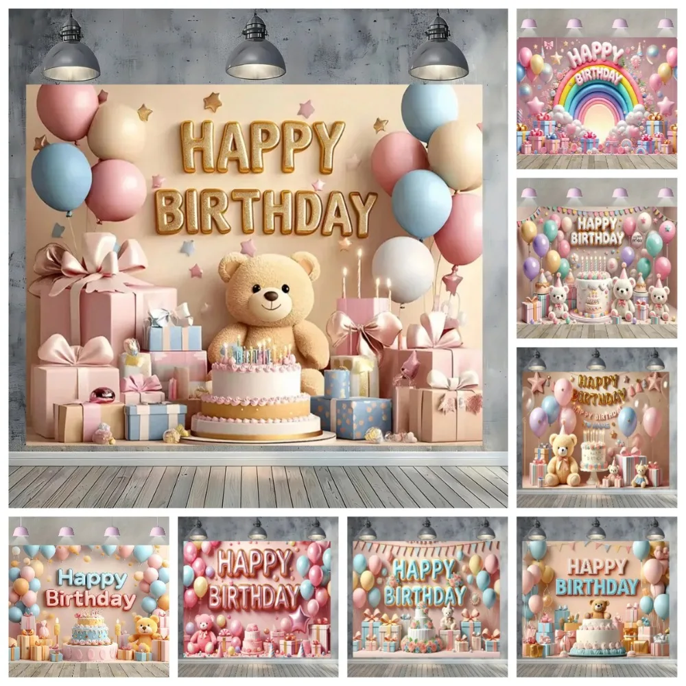 

Cute Colorful Balloon Rainbow Theme Backdrop Cloth, Cartoon White Brown Bear, Children Birthday Decoration Photography Backdrop