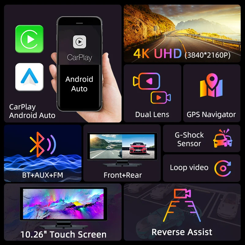 10.26 inch 4K Dash Cam 360° Rotate Camera Carplay Android Auto Bluetooth 5.0 Car DVR GPS Navigation Dashboard Video Recorder