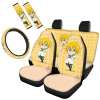 Full Set Car Seat Covers Anime Meliodas Print Heavy-Duty Nonslip Shoulder Strap Pads Soft Steering Wheel Cover Fit Most Sedans