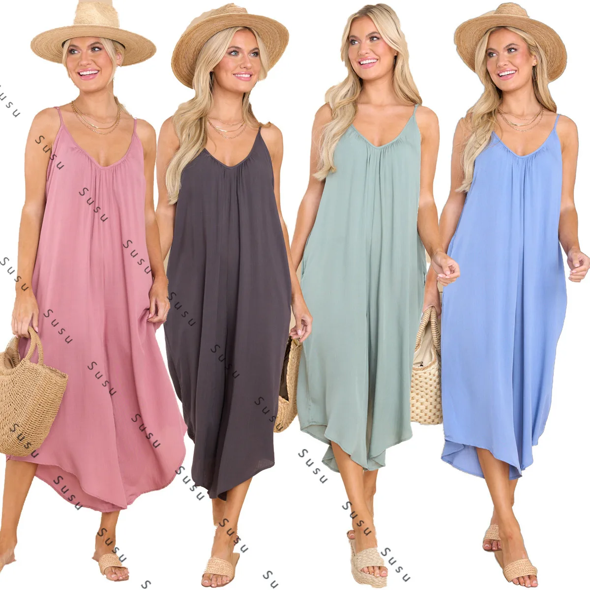 

2025 новая европейская и американская женская одежда, летний однотонный пасторальный домашний стиль, свободный однотонный комбинезон с широкими штанинами 60