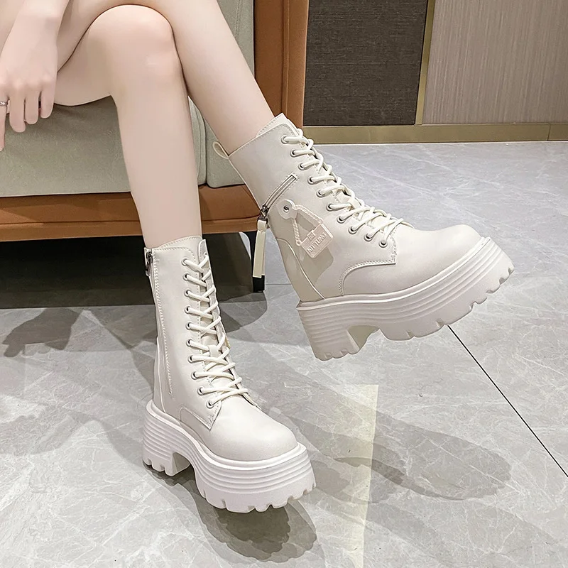 New 2023 Autumn Platform Mid-calf Boots  Women Thick Sole Winter Leather Punk Shoes Chunky Motorcycle Boots Woman