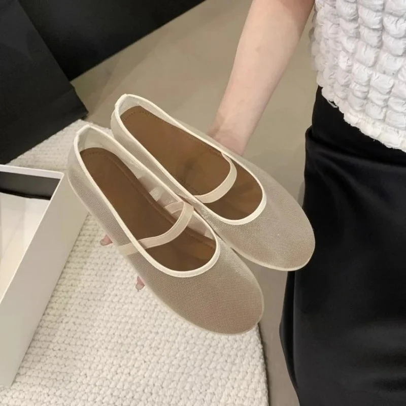

New Summer's Flat-bottomed Round-toe Fashionable Mesh Fabric Breathable Shallow-cut Soft Base Women's Single Shoes