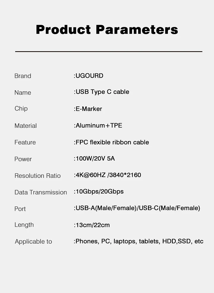 USB3.1 10Gbps Short Cable 13cm PD 100W USB to Type C Cable Converter OTG USB Adapter USB4 20Gbps Cable 22cm for SSD Power Bank