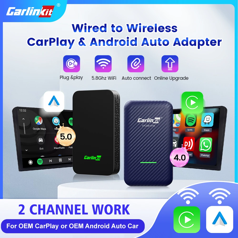 CarlinKit 5.0 Wireless CarPlay Android Auto Adapter 5G WiFi 2air 2 in 1 Dongle 2-Channel Work for Mazda Toyota Peugeot Volvo VW