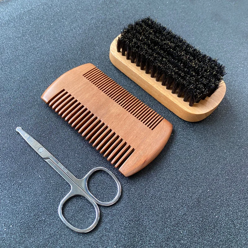 Set para el cuidado de la barba para hombre, cepillo para barba, material de cerdas, peine para barba, tijeras, con bolsa de almacenamiento, especialmente diseñado para hombres