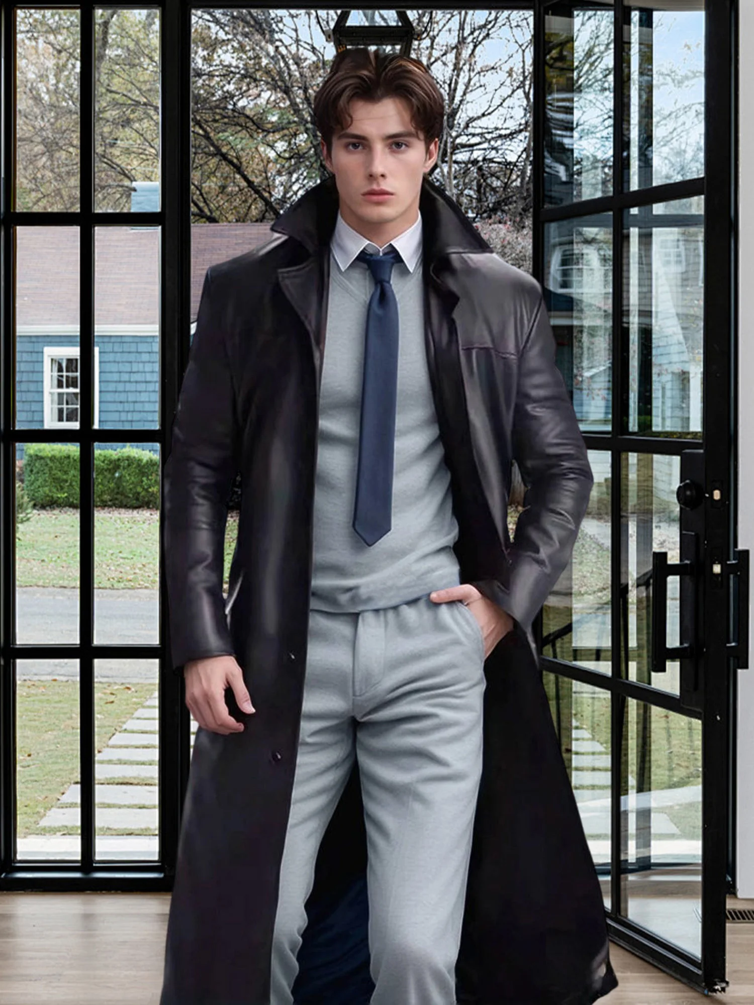 Chaqueta de piel sintética para hombre, cuello de solapa clásico, manga larga, cierre de botón, abrigo a prueba de viento para armario de otoño e invierno