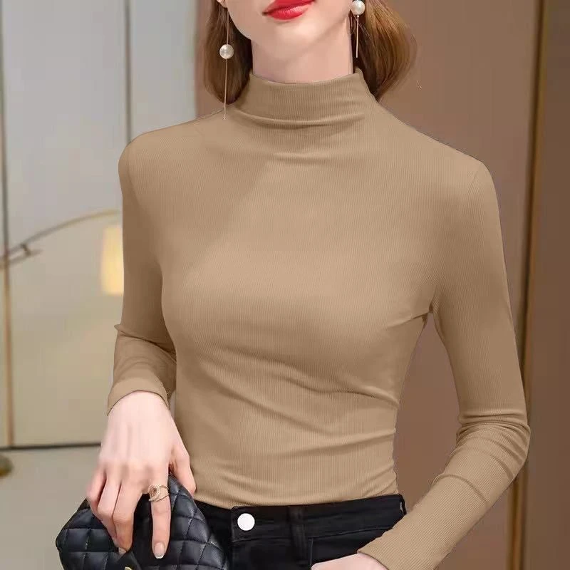 Women\'s Elastic Half High Collar T-Shirt Solid Ribbed Tops Long Sleeve Tight Bottom Basic Shirt Casual Clothing Autumn