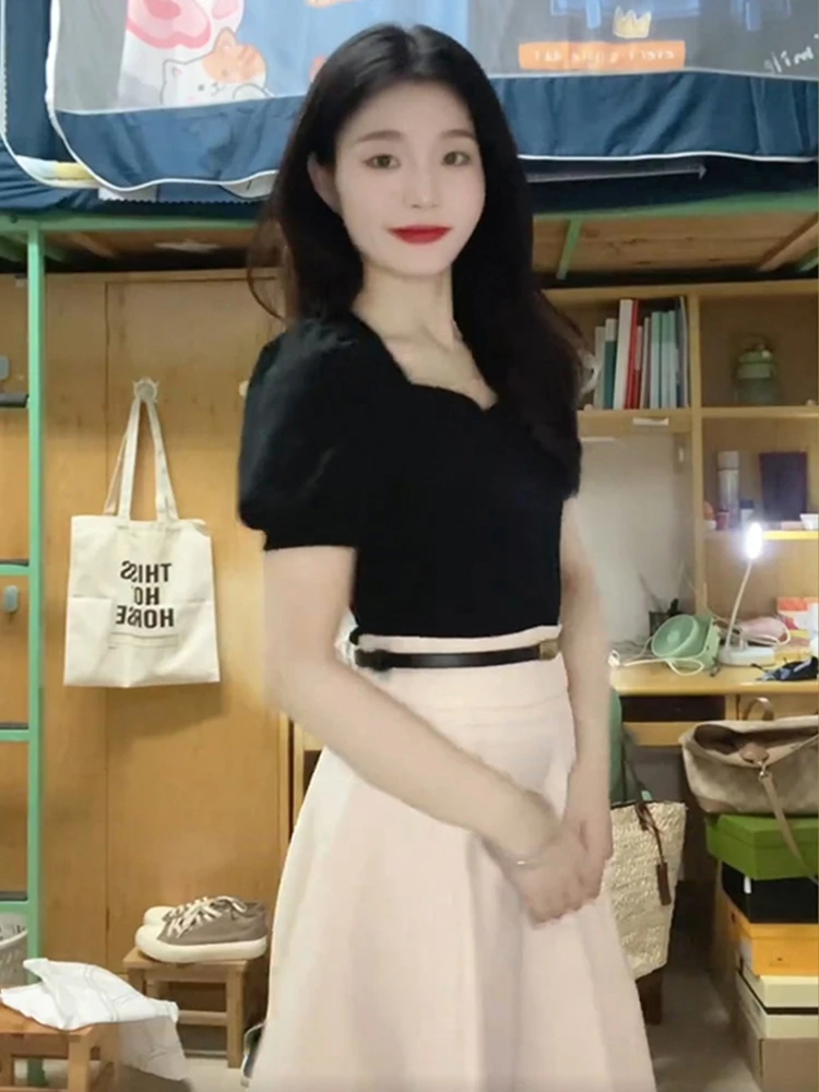 Slimming Summer Dr Set for Women Ele Cute Sle A-Line Skirt ort Sve Polyester Blend Fabric Holiday Wear