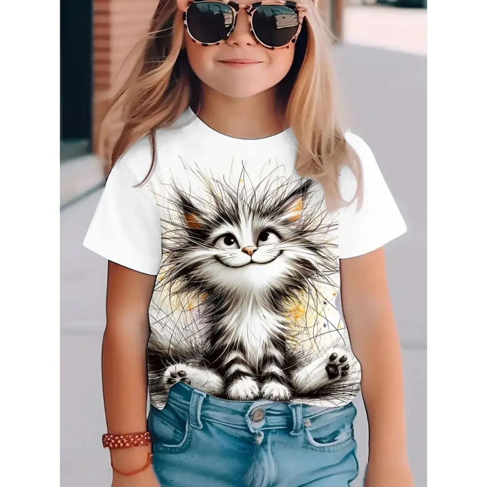 Mädchenkleidung, süße Katze, kurze Ärmel, grafische T-Shirts, 3D-Druck, Sommer-Outdoor-Kleidung für Kinder, Tops, T-Shirt für Mädchen, 2–10 Jahre – Detail 8