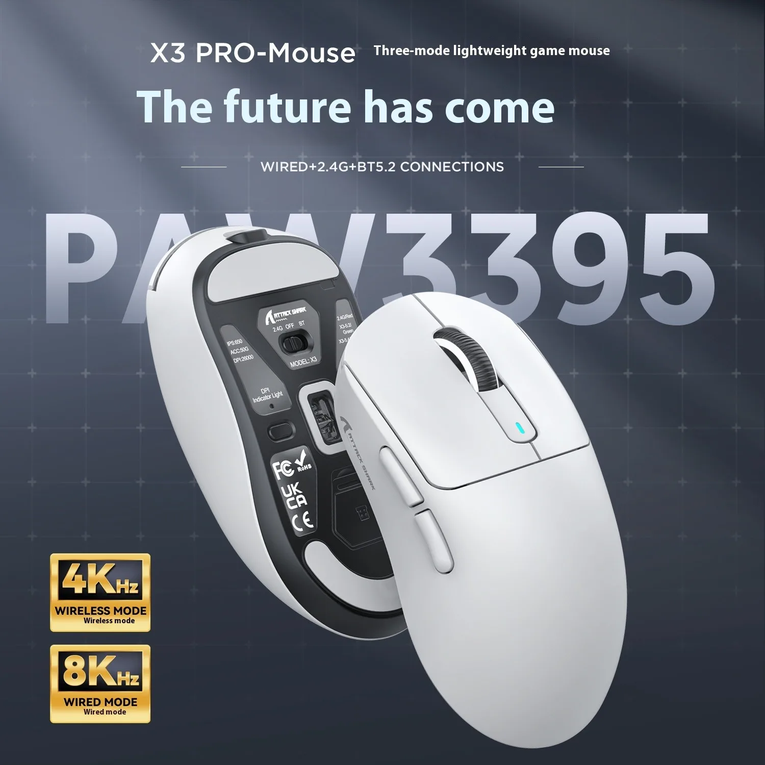 X3 Pro 4K/8K Hz Mouse 59g Superlight BT/2.4G Wired Wireless Mouse PixArt PAW3395 Gaming Sensor 26000 DPI for Win/Xbox/PS/Mac